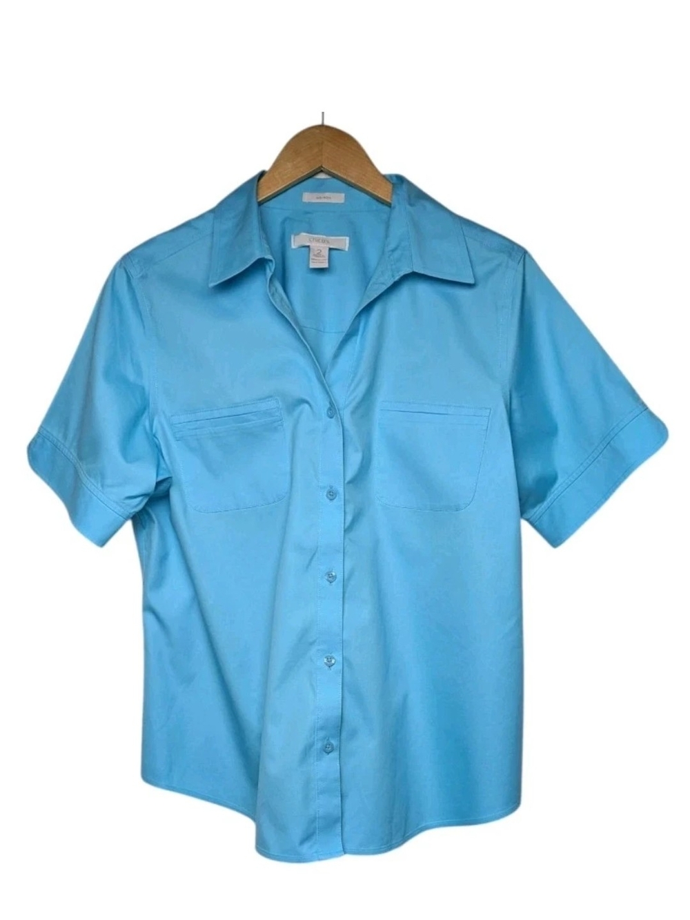 Chicos 2 Iron Free Blouse Large Turquoise Aqua Blue Short Sleeves